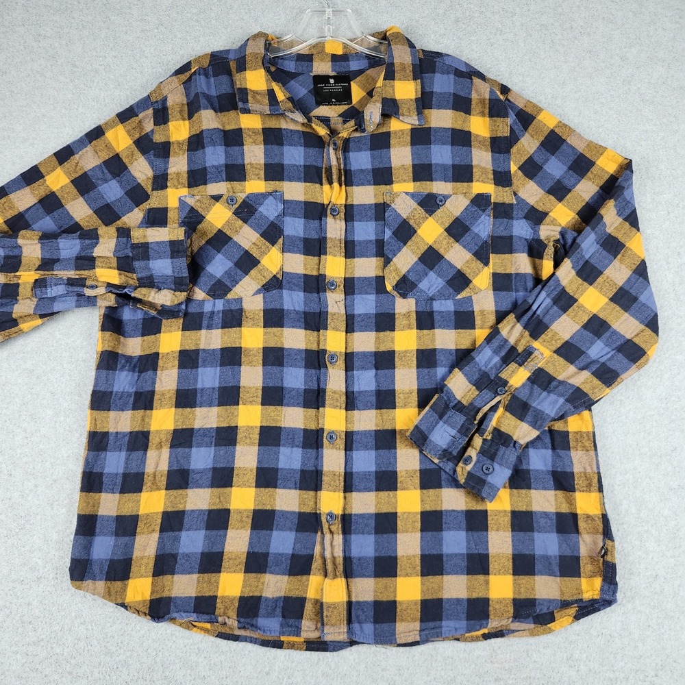 Junk Food Clothing Flannel Shirt Men XL Yellow Blue Buffalo Plaid Soft Button Up